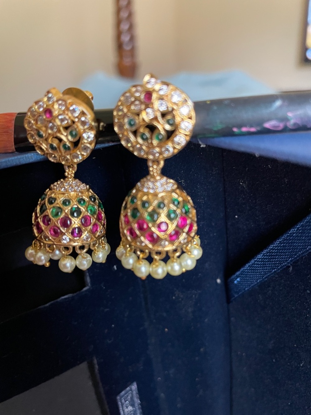 Gold-Tone Jhumka Earrings with Pink & Green Accents